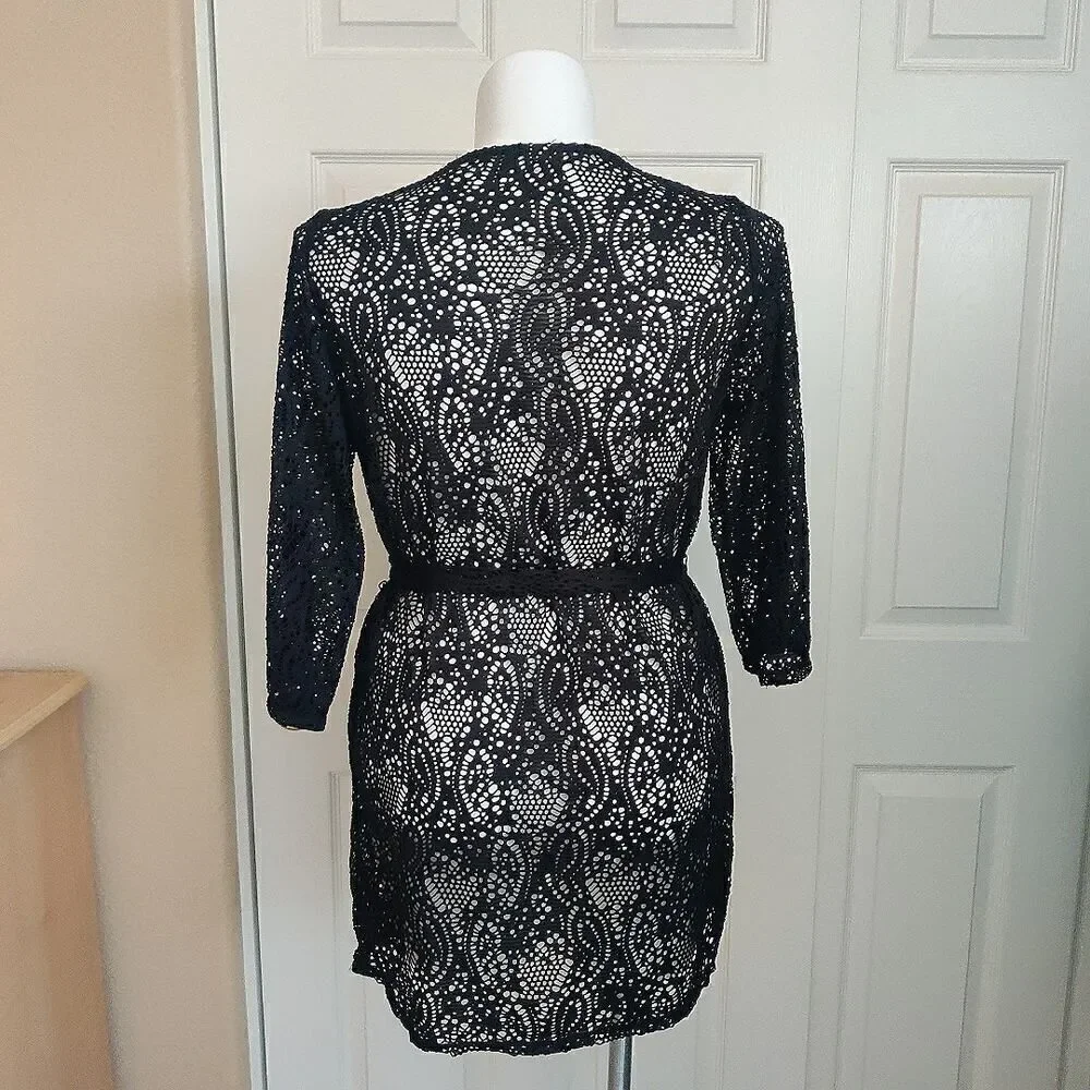 Merona belted sheer black lace swim coverup sz L